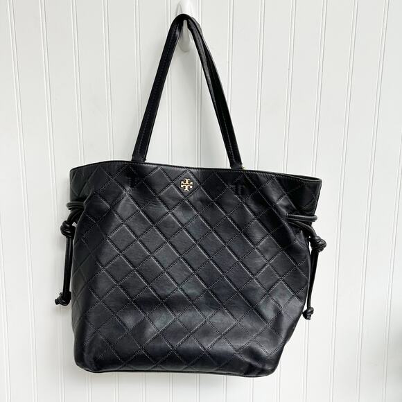 Tory Burch Georgia Slouchy Quilted Black Leather Tote Bag Purse Drawstring Logo - Picture 1 of 8